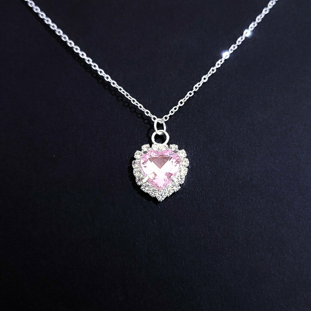 16" Pink Rhinestone Heart Necklace